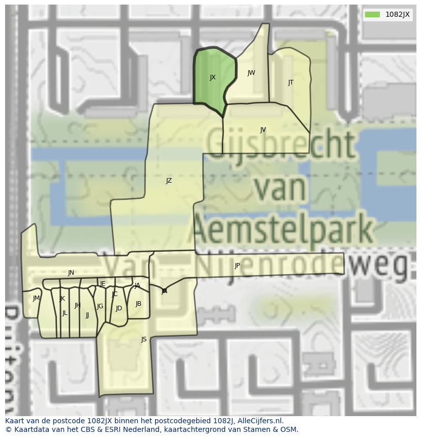 Afbeelding van het postcodegebied 1082 JX op de kaart.