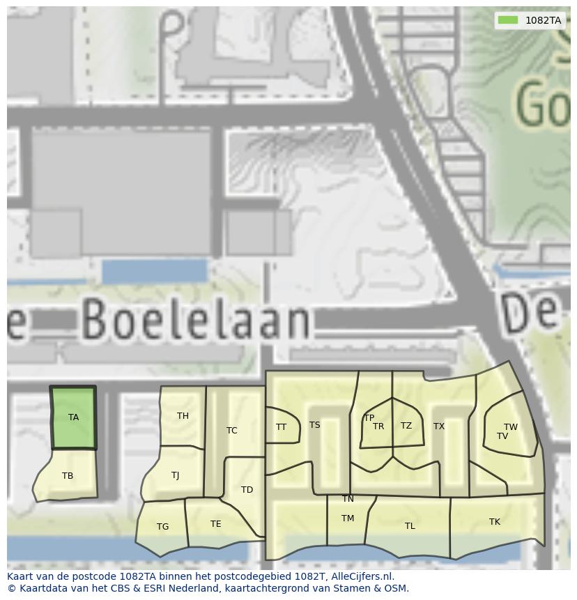 Afbeelding van het postcodegebied 1082 TA op de kaart.