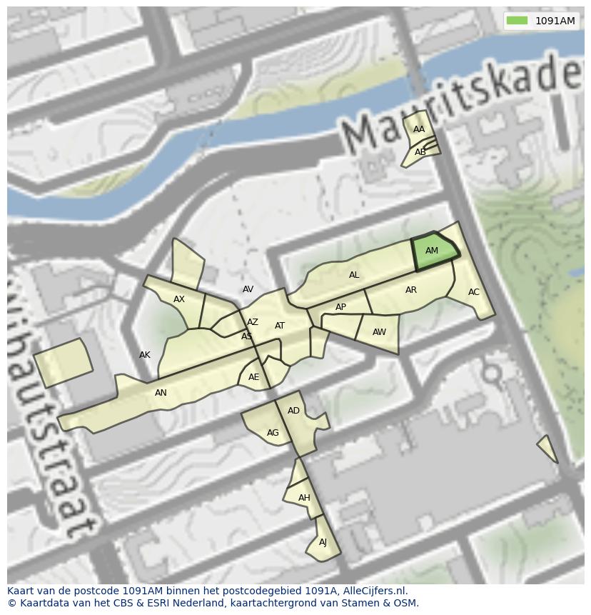 Afbeelding van het postcodegebied 1091 AM op de kaart.