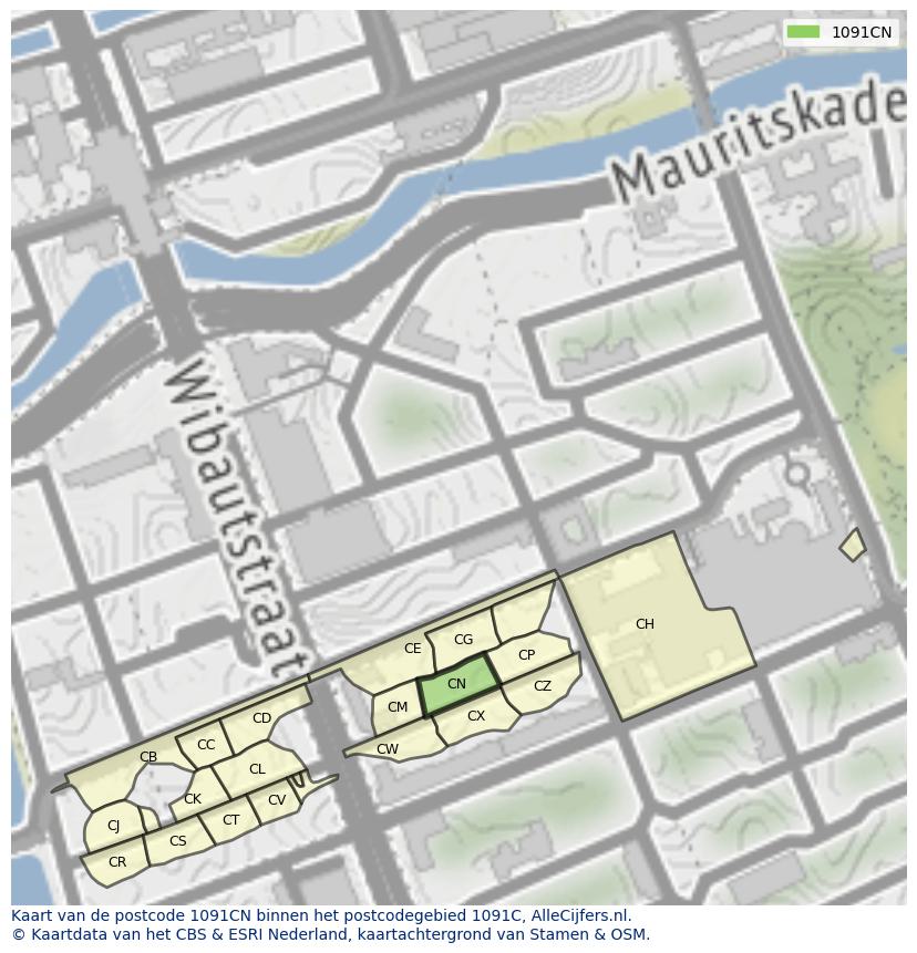 Afbeelding van het postcodegebied 1091 CN op de kaart.