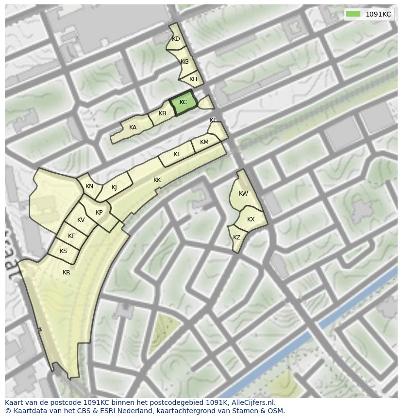 Afbeelding van het postcodegebied 1091 KC op de kaart.