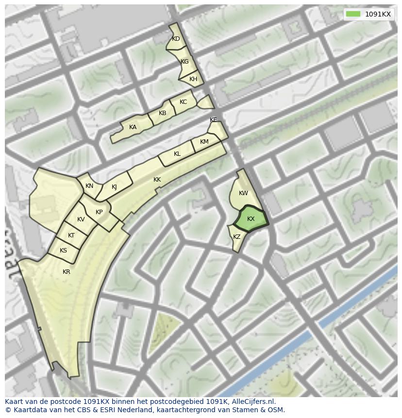 Afbeelding van het postcodegebied 1091 KX op de kaart.