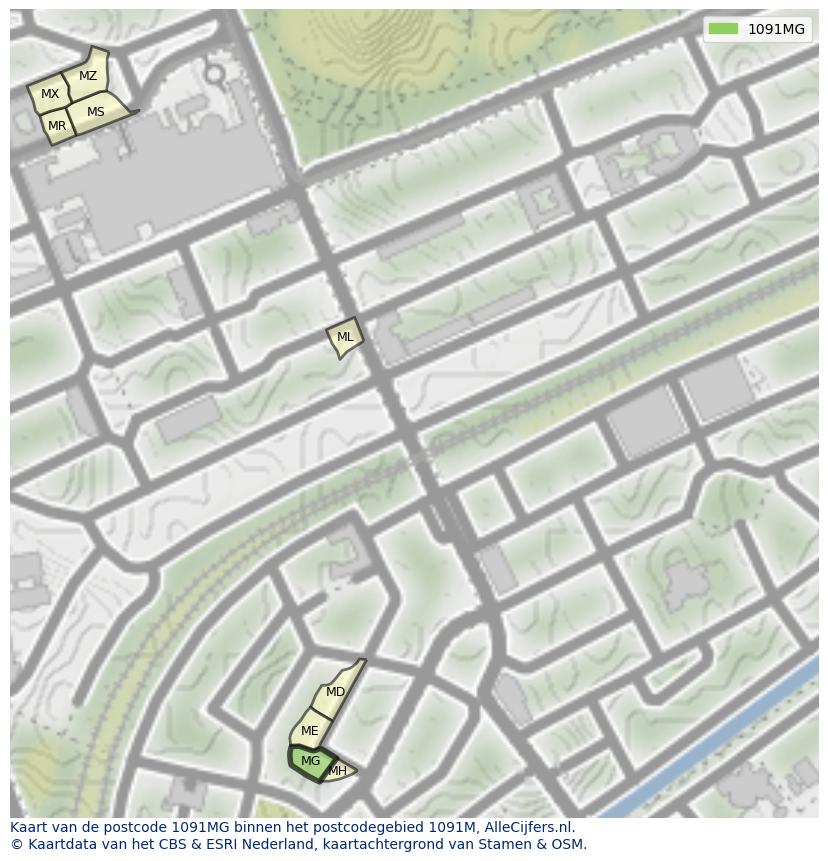 Afbeelding van het postcodegebied 1091 MG op de kaart.