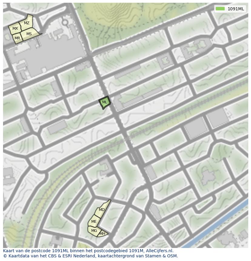 Afbeelding van het postcodegebied 1091 ML op de kaart.