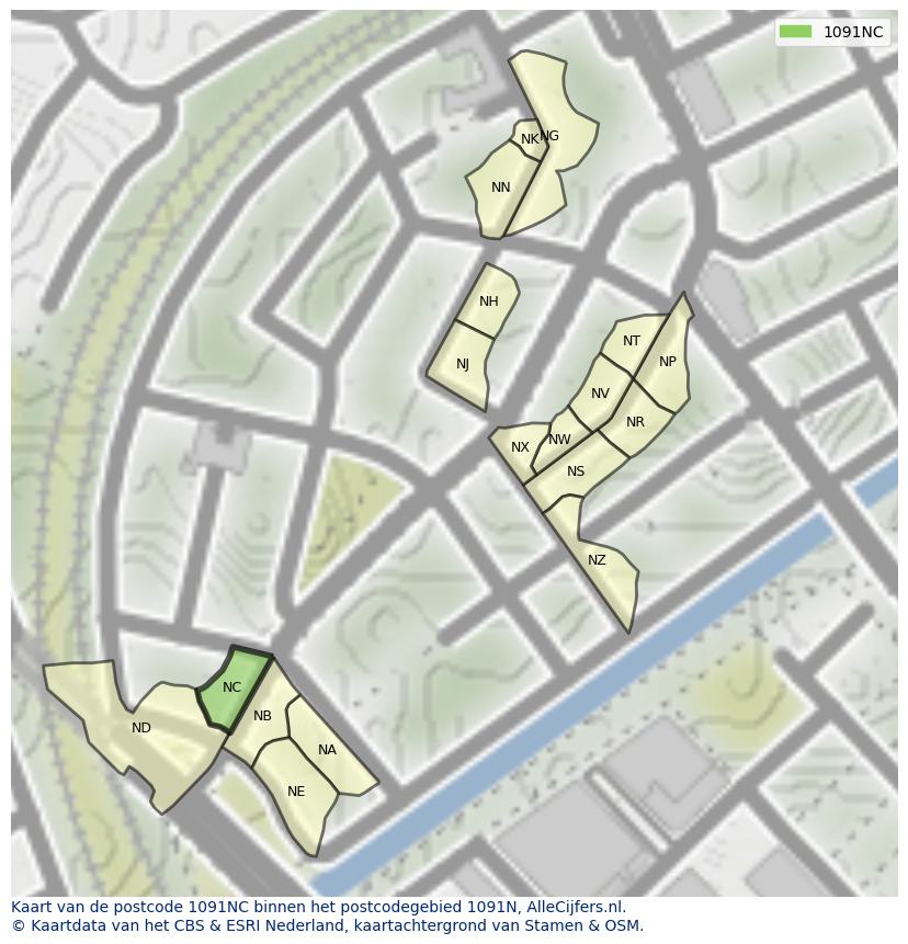 Afbeelding van het postcodegebied 1091 NC op de kaart.