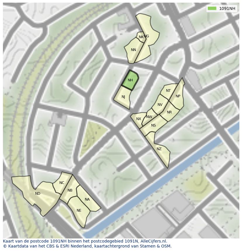 Afbeelding van het postcodegebied 1091 NH op de kaart.