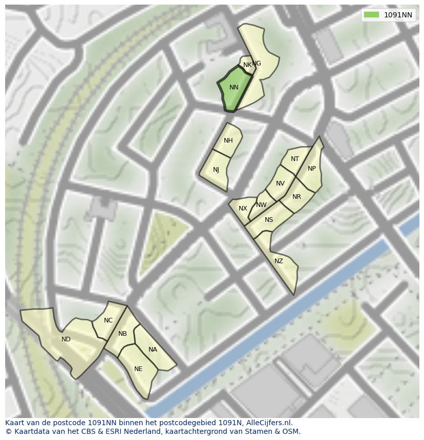 Afbeelding van het postcodegebied 1091 NN op de kaart.