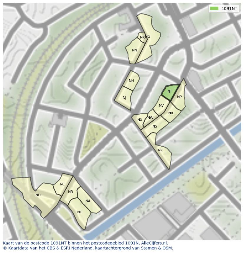 Afbeelding van het postcodegebied 1091 NT op de kaart.