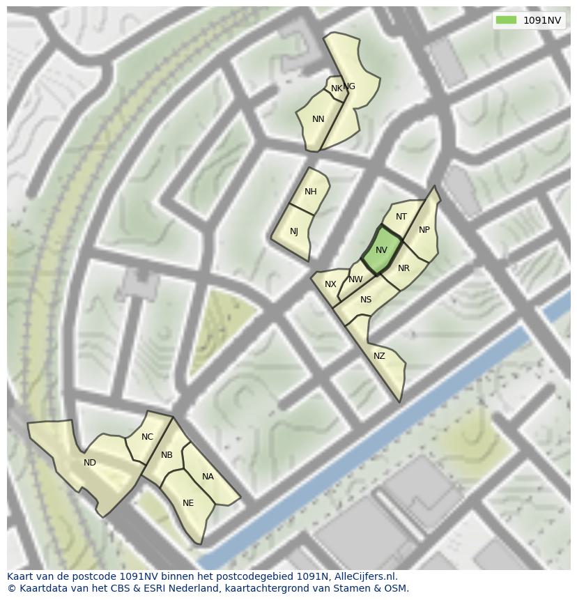 Afbeelding van het postcodegebied 1091 NV op de kaart.