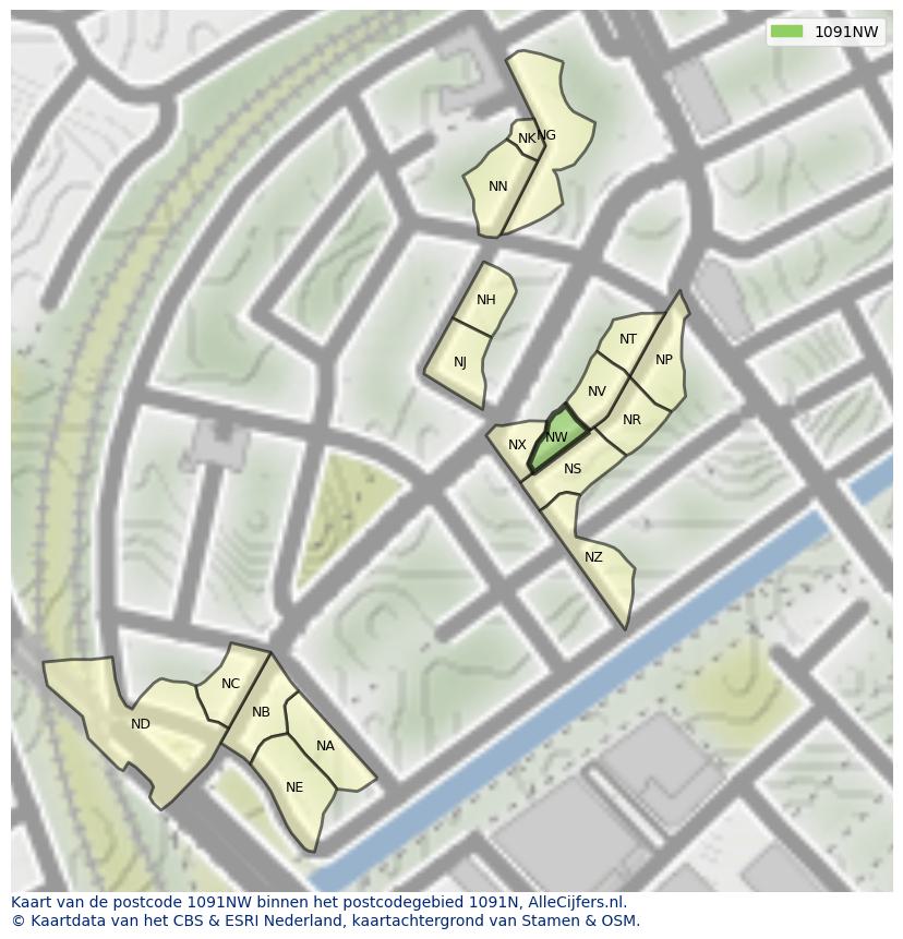 Afbeelding van het postcodegebied 1091 NW op de kaart.