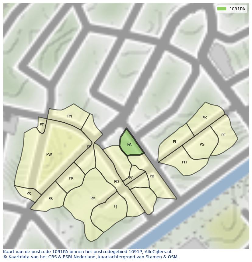 Afbeelding van het postcodegebied 1091 PA op de kaart.
