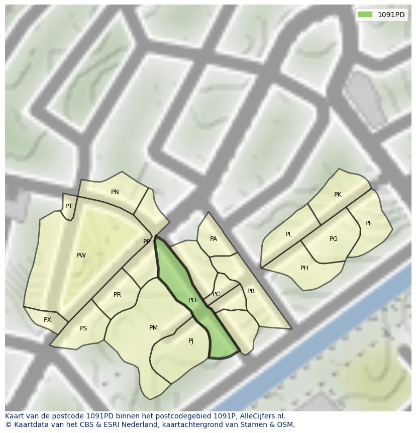 Afbeelding van het postcodegebied 1091 PD op de kaart.