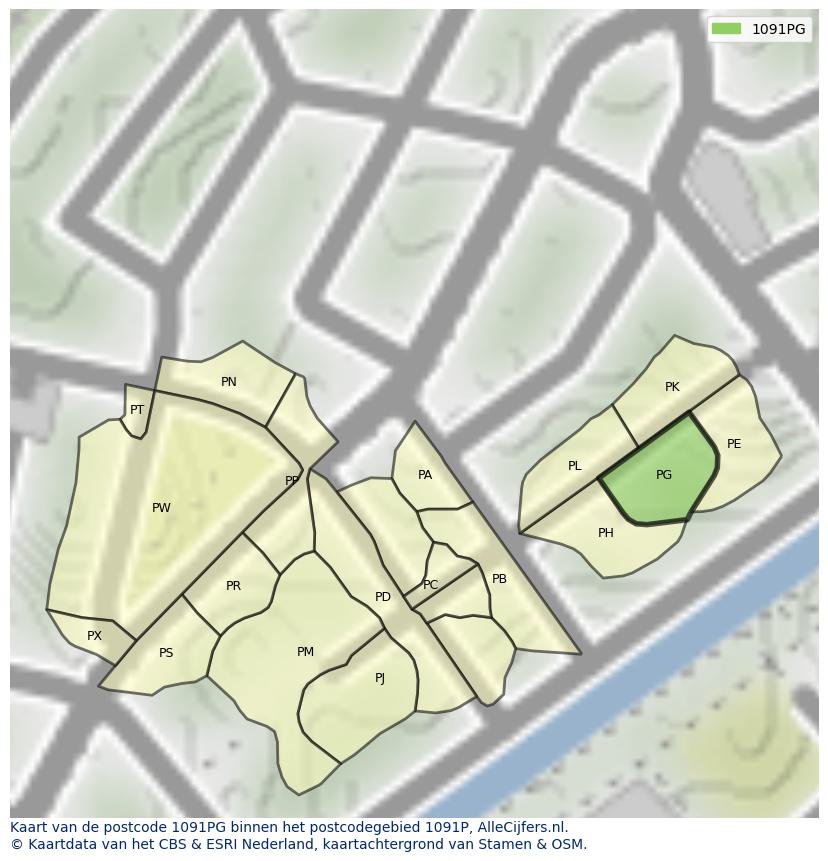 Afbeelding van het postcodegebied 1091 PG op de kaart.