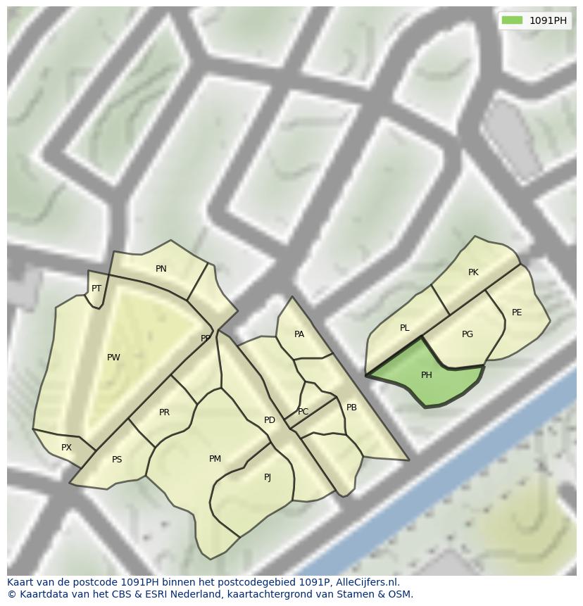 Afbeelding van het postcodegebied 1091 PH op de kaart.