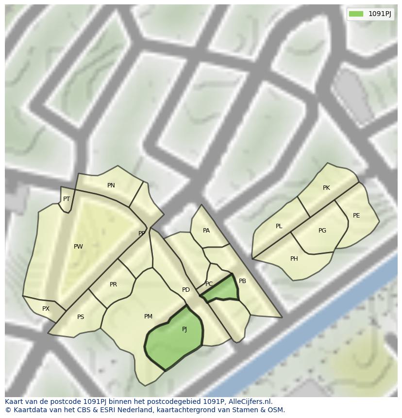Afbeelding van het postcodegebied 1091 PJ op de kaart.