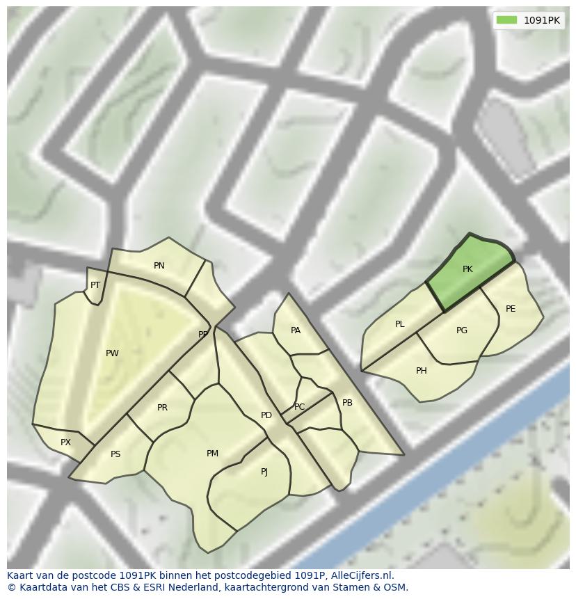 Afbeelding van het postcodegebied 1091 PK op de kaart.