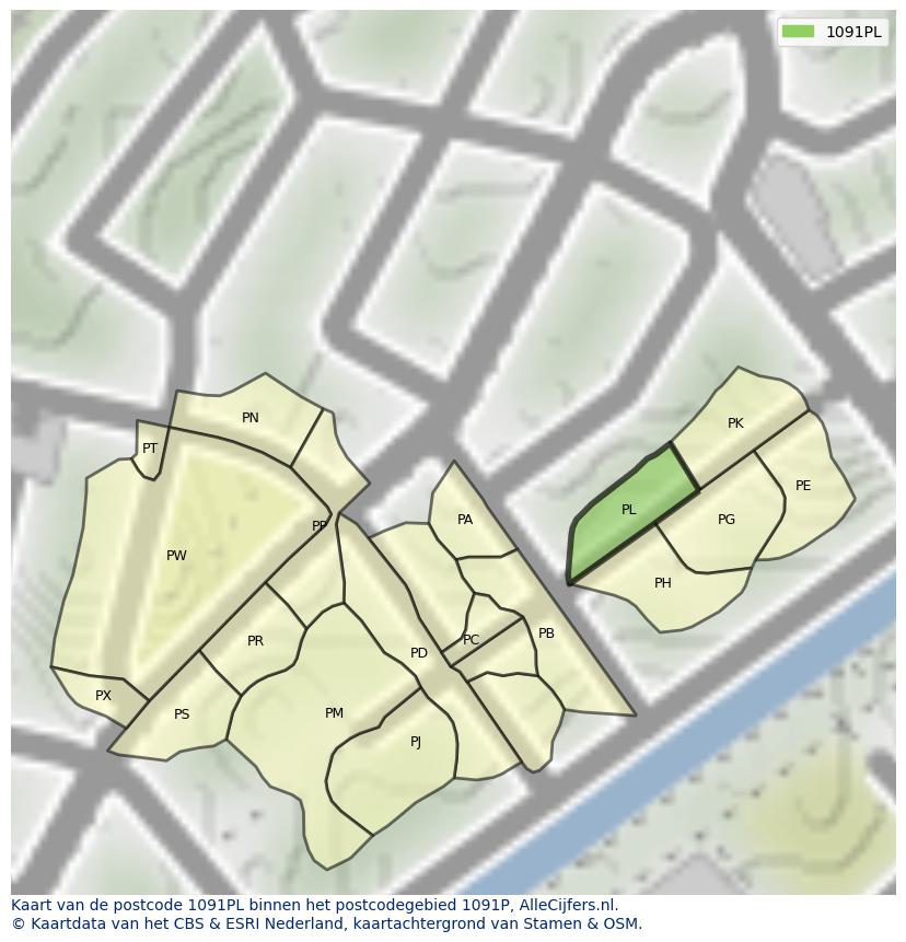 Afbeelding van het postcodegebied 1091 PL op de kaart.