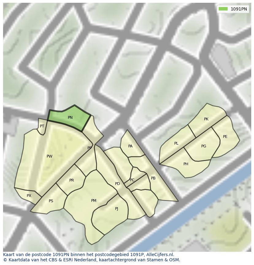 Afbeelding van het postcodegebied 1091 PN op de kaart.