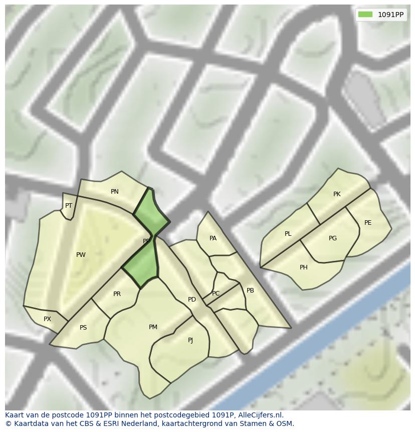 Afbeelding van het postcodegebied 1091 PP op de kaart.