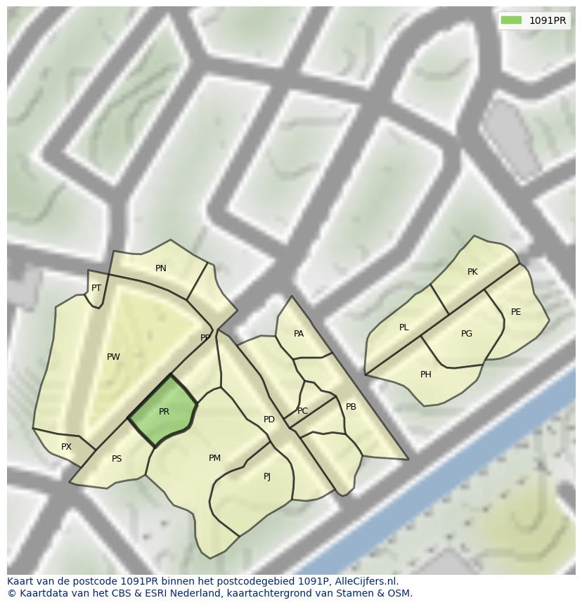 Afbeelding van het postcodegebied 1091 PR op de kaart.