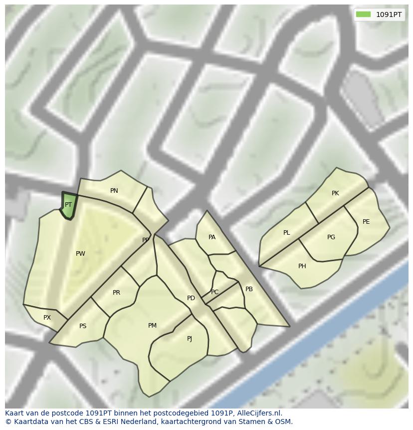 Afbeelding van het postcodegebied 1091 PT op de kaart.