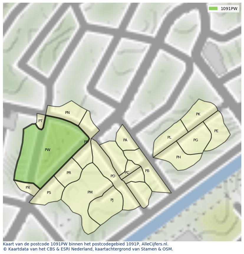 Afbeelding van het postcodegebied 1091 PW op de kaart.