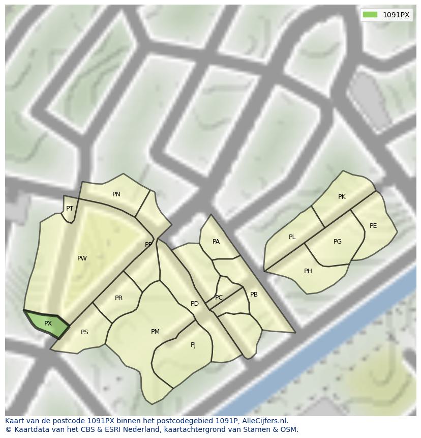 Afbeelding van het postcodegebied 1091 PX op de kaart.