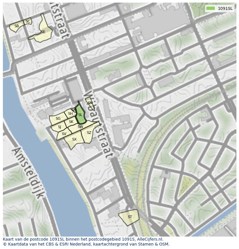 Afbeelding van het postcodegebied 1091 SL op de kaart.