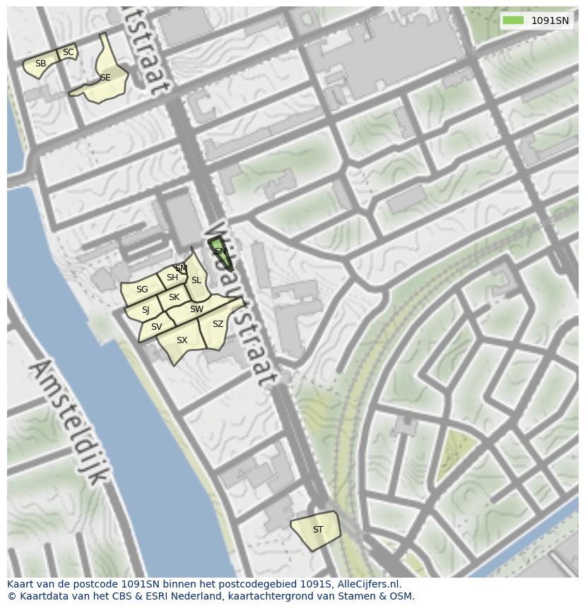 Afbeelding van het postcodegebied 1091 SN op de kaart.