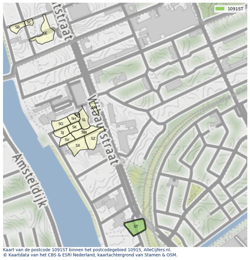 Afbeelding van het postcodegebied 1091 ST op de kaart.