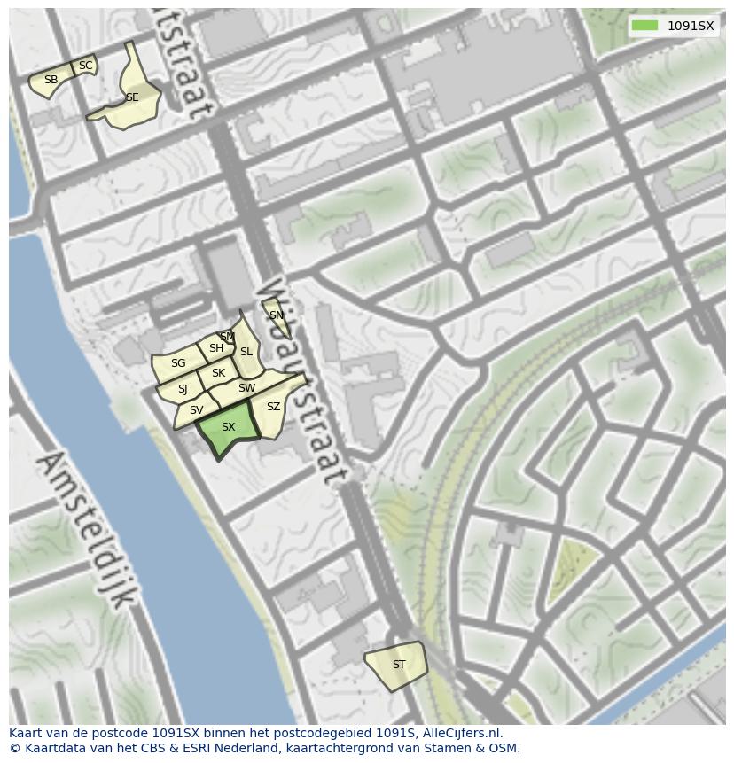 Afbeelding van het postcodegebied 1091 SX op de kaart.