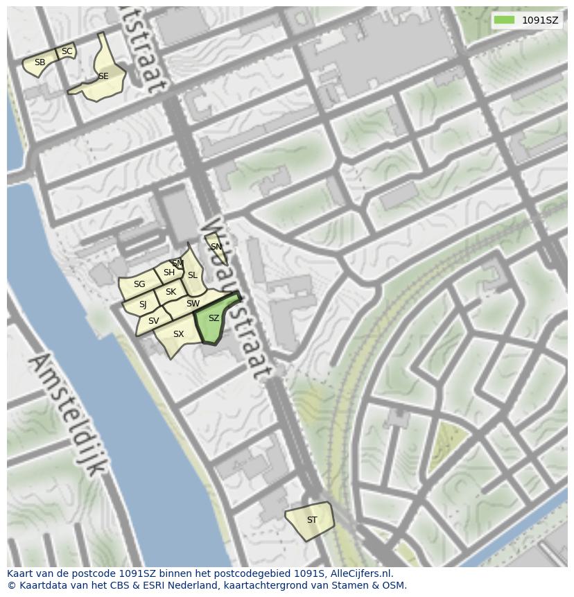 Afbeelding van het postcodegebied 1091 SZ op de kaart.