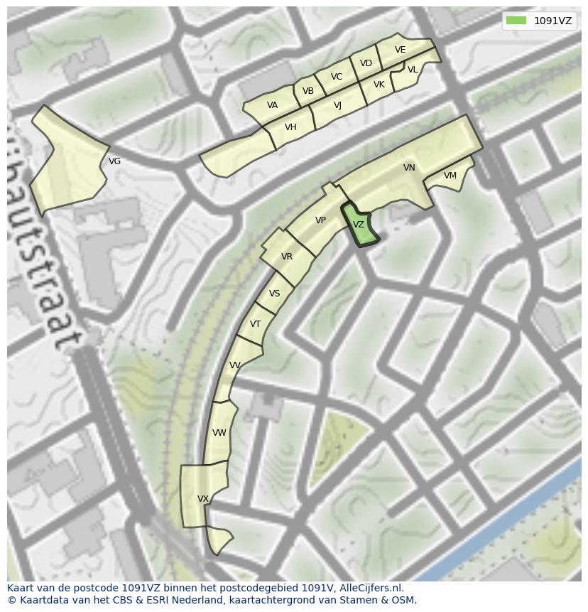 Afbeelding van het postcodegebied 1091 VZ op de kaart.