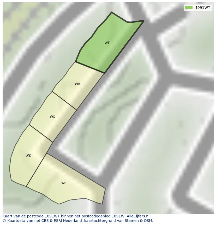 Afbeelding van het postcodegebied 1091 WT op de kaart.