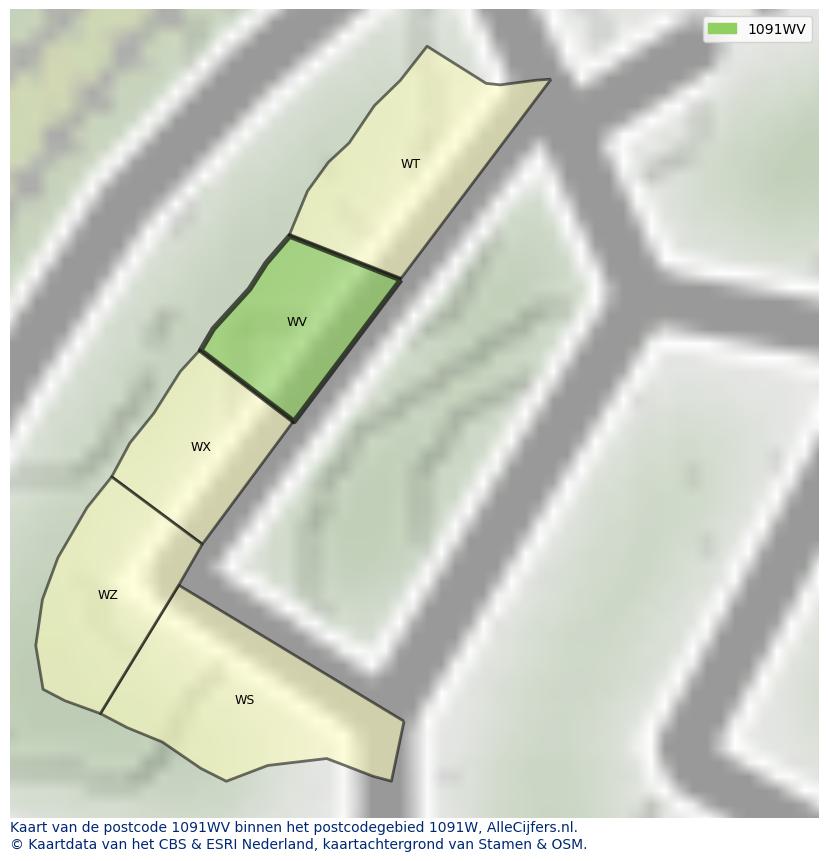 Afbeelding van het postcodegebied 1091 WV op de kaart.