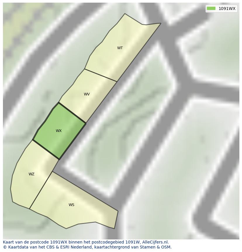 Afbeelding van het postcodegebied 1091 WX op de kaart.