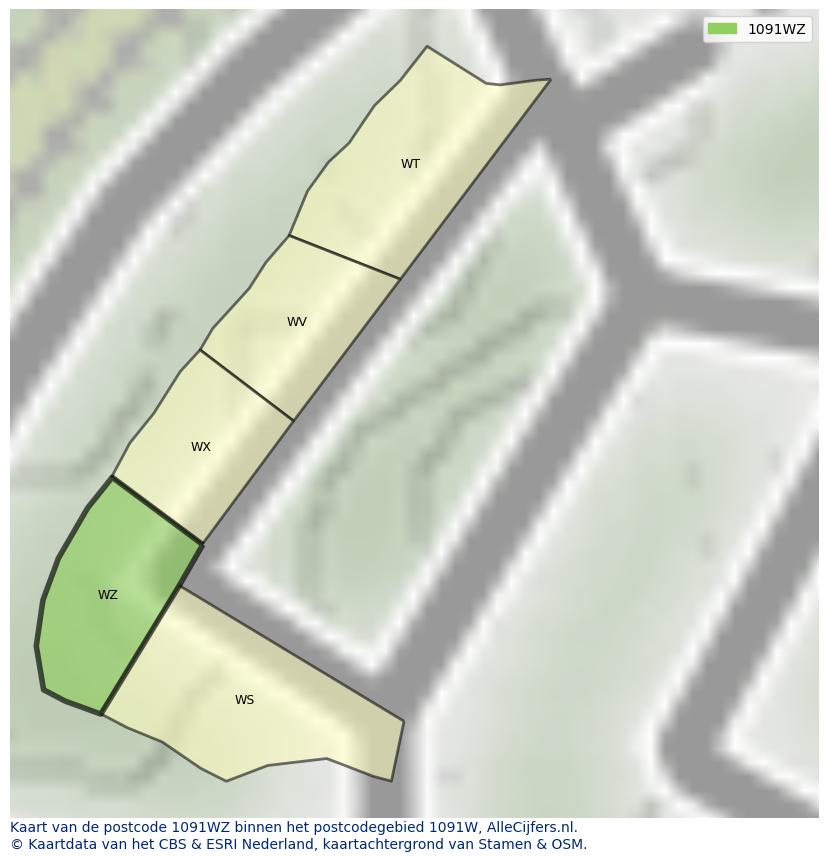 Afbeelding van het postcodegebied 1091 WZ op de kaart.