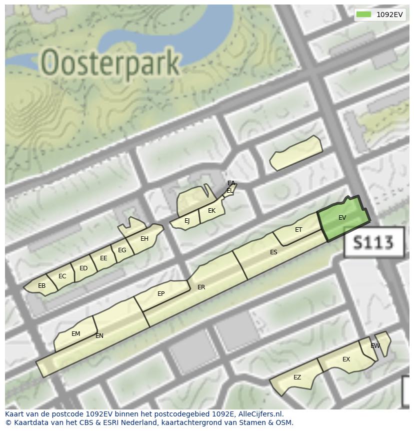 Afbeelding van het postcodegebied 1092 EV op de kaart.
