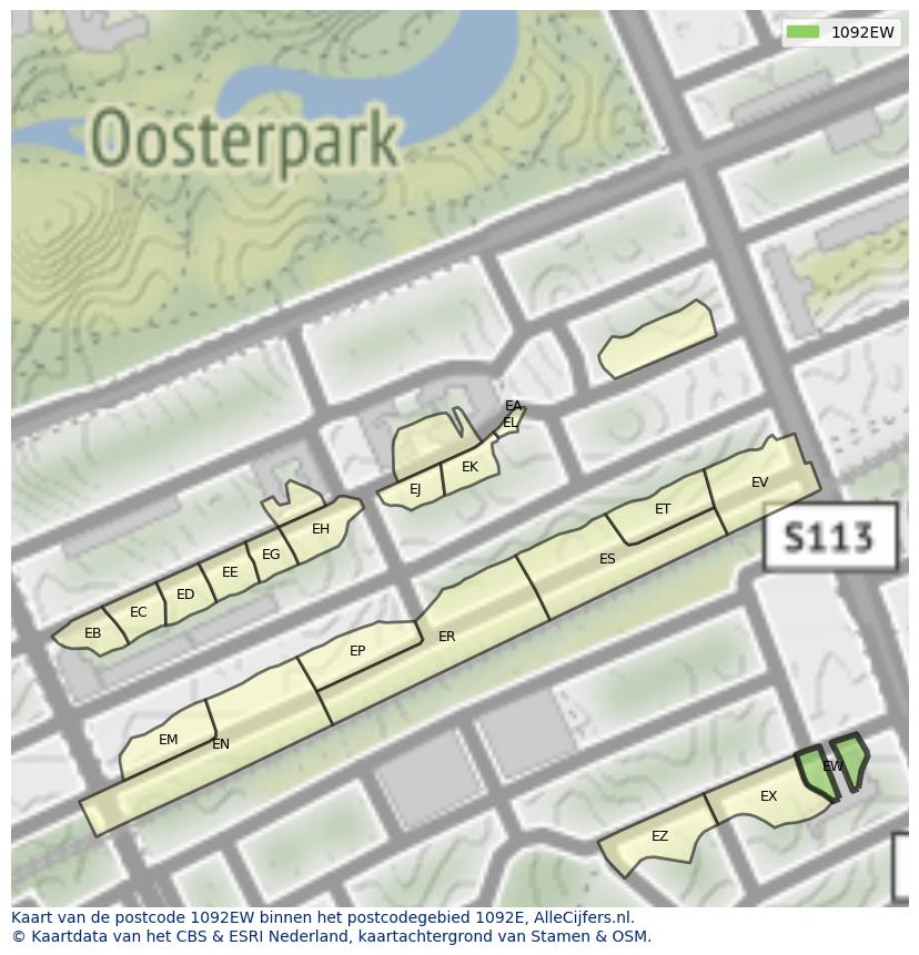 Afbeelding van het postcodegebied 1092 EW op de kaart.