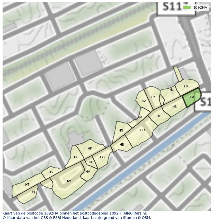Afbeelding van het postcodegebied 1092 HA op de kaart.