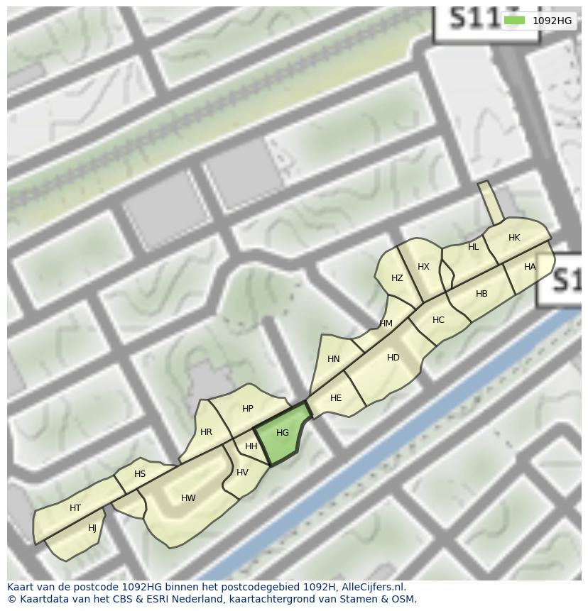 Afbeelding van het postcodegebied 1092 HG op de kaart.