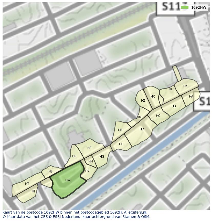 Afbeelding van het postcodegebied 1092 HW op de kaart.