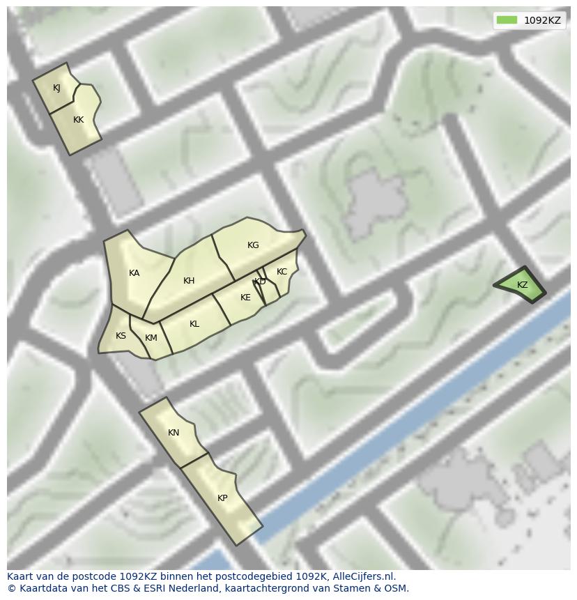 Afbeelding van het postcodegebied 1092 KZ op de kaart.
