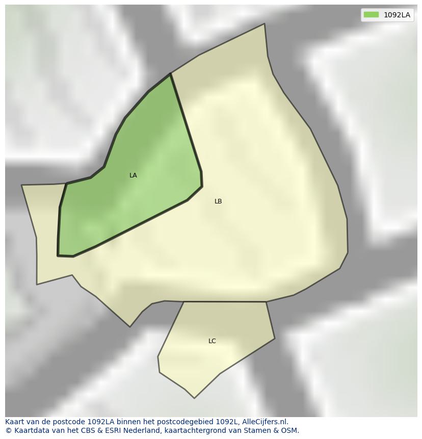 Afbeelding van het postcodegebied 1092 LA op de kaart.