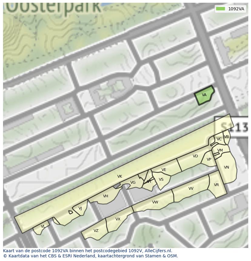 Afbeelding van het postcodegebied 1092 VA op de kaart.