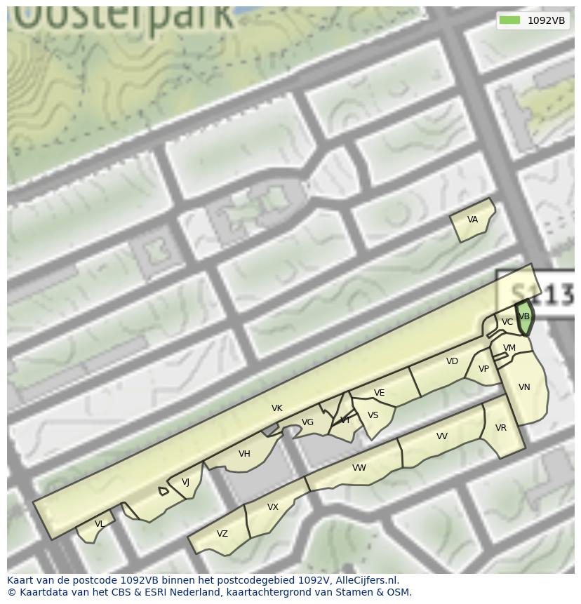 Afbeelding van het postcodegebied 1092 VB op de kaart.