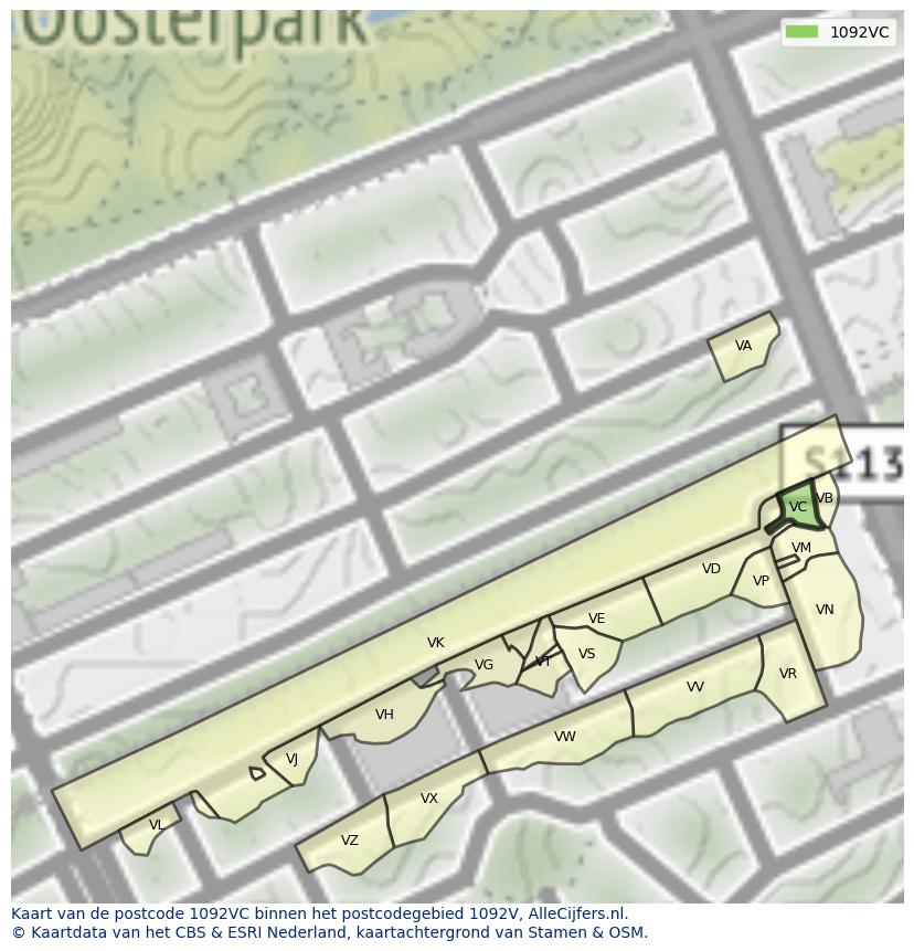 Afbeelding van het postcodegebied 1092 VC op de kaart.