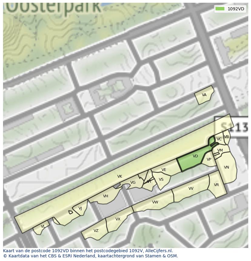 Afbeelding van het postcodegebied 1092 VD op de kaart.