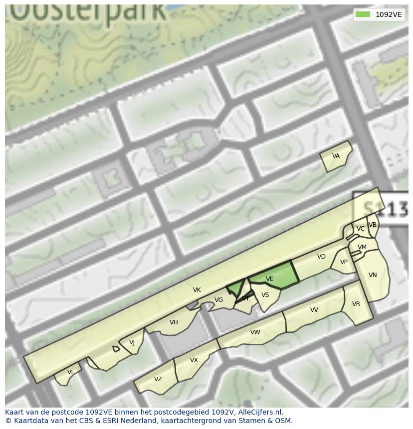 Afbeelding van het postcodegebied 1092 VE op de kaart.