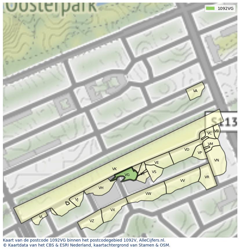 Afbeelding van het postcodegebied 1092 VG op de kaart.